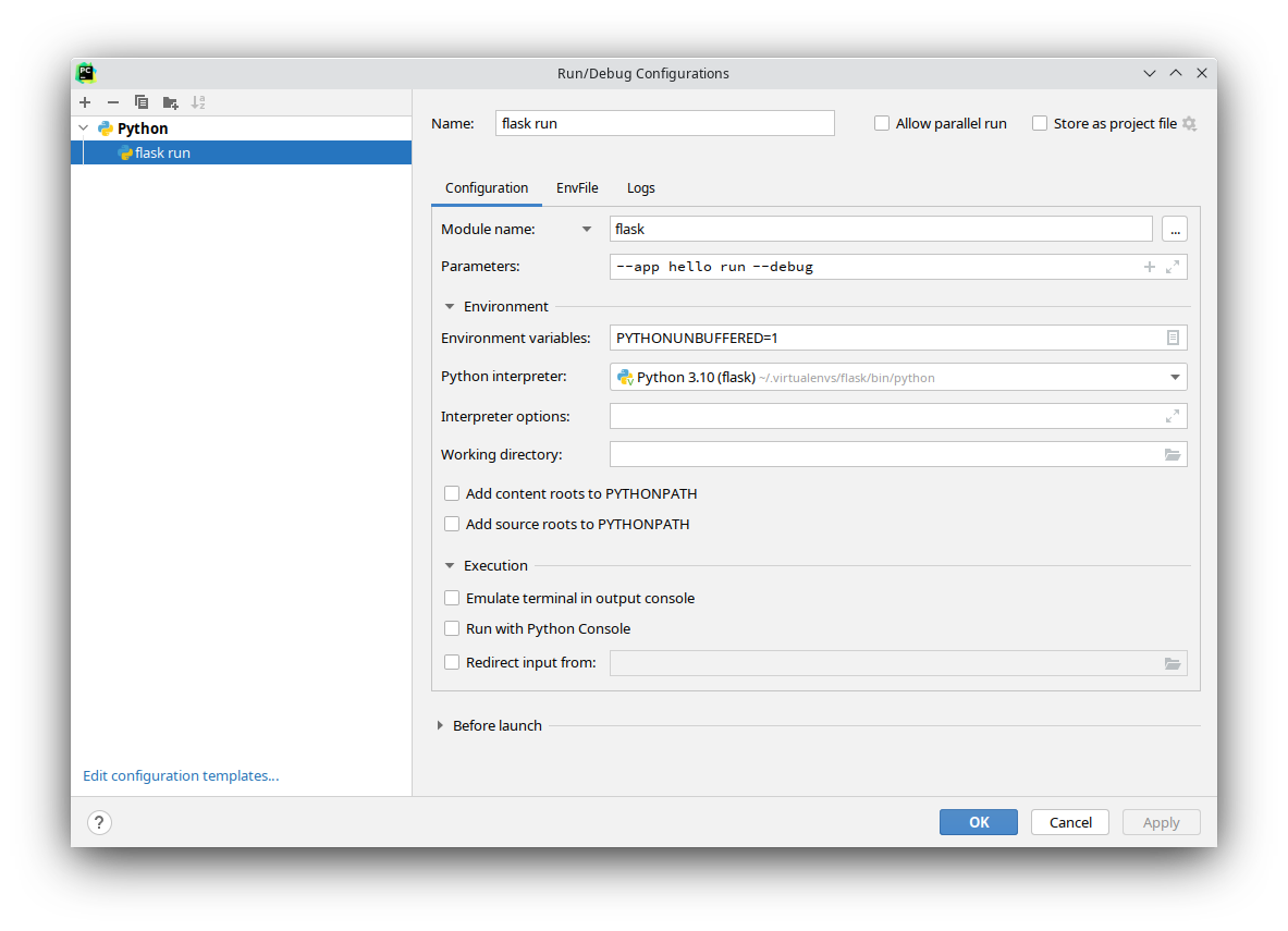 Captura de pantalla de la configuración de ejecución de PyCharm.